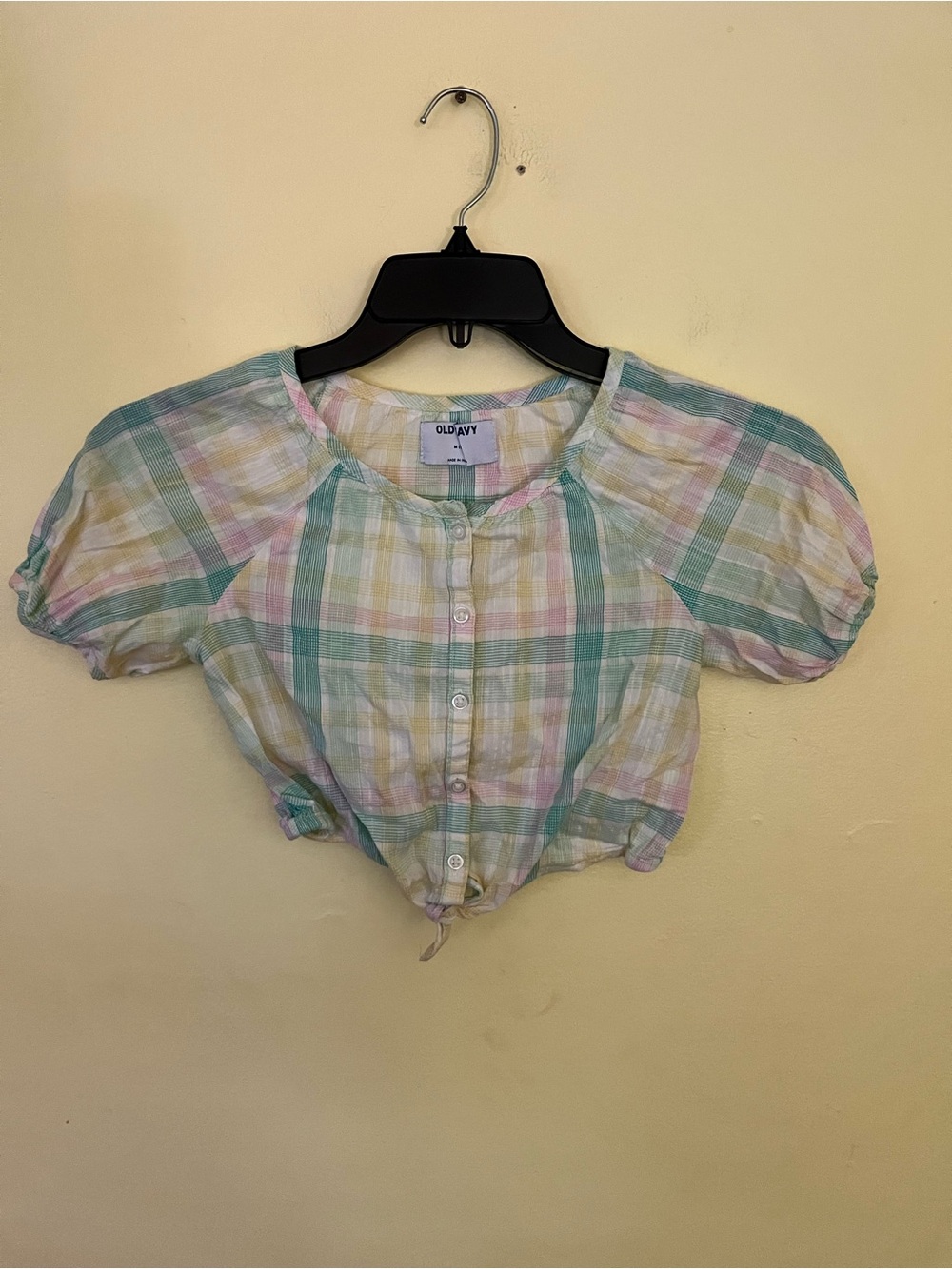 Old Navy Pastel Plaid Button-Front Cropped Top - Green, Pink, Yellow